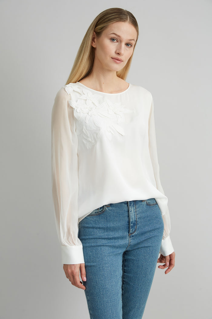 Elie Tahari Floral Applique Silk Shirt FRESH PEARL