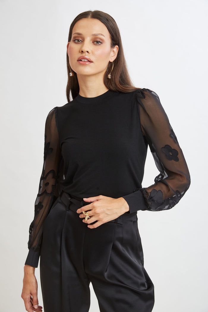 Elie Tahari Floral Satin Burnout Combo Knit BLACK