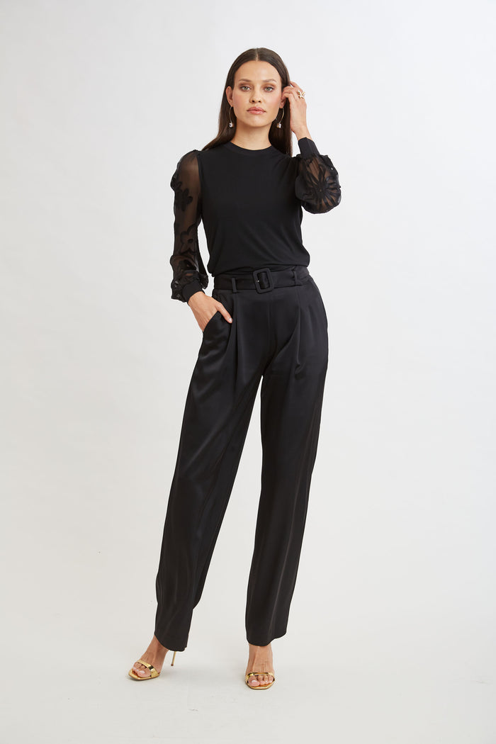 Elie Tahari Floral Satin Burnout Combo Knit BLACK