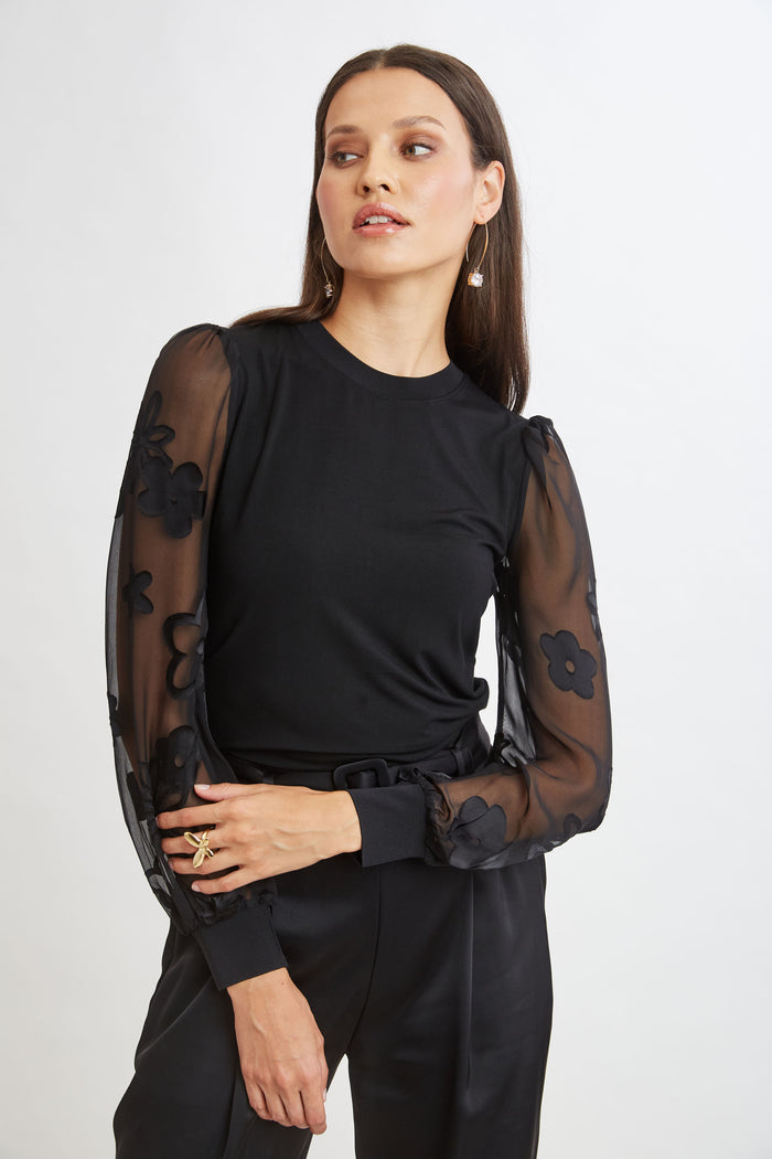 Elie Tahari Floral Satin Burnout Combo Knit BLACK