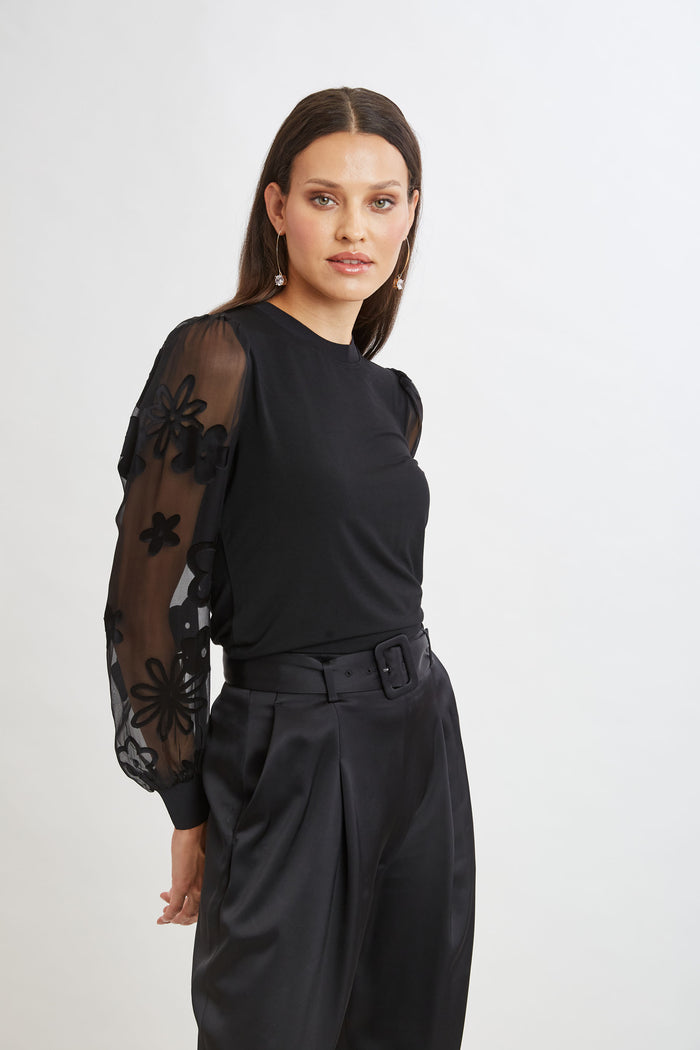 Elie Tahari Floral Satin Burnout Combo Knit BLACK