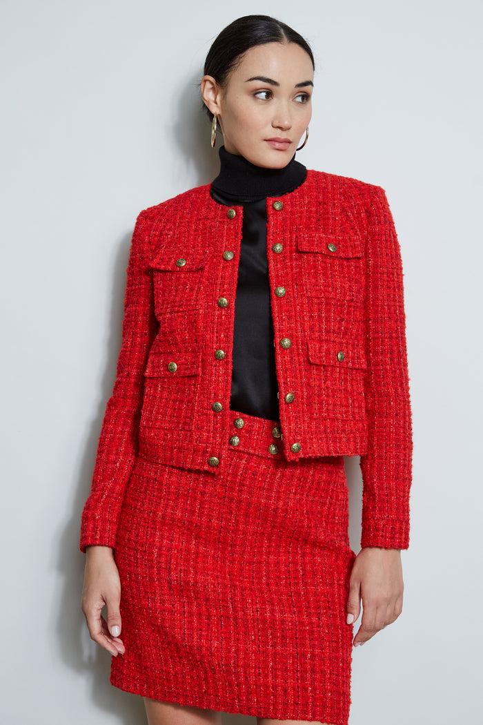 Elie Tahari French Tweed Button Jacket FLAME RED