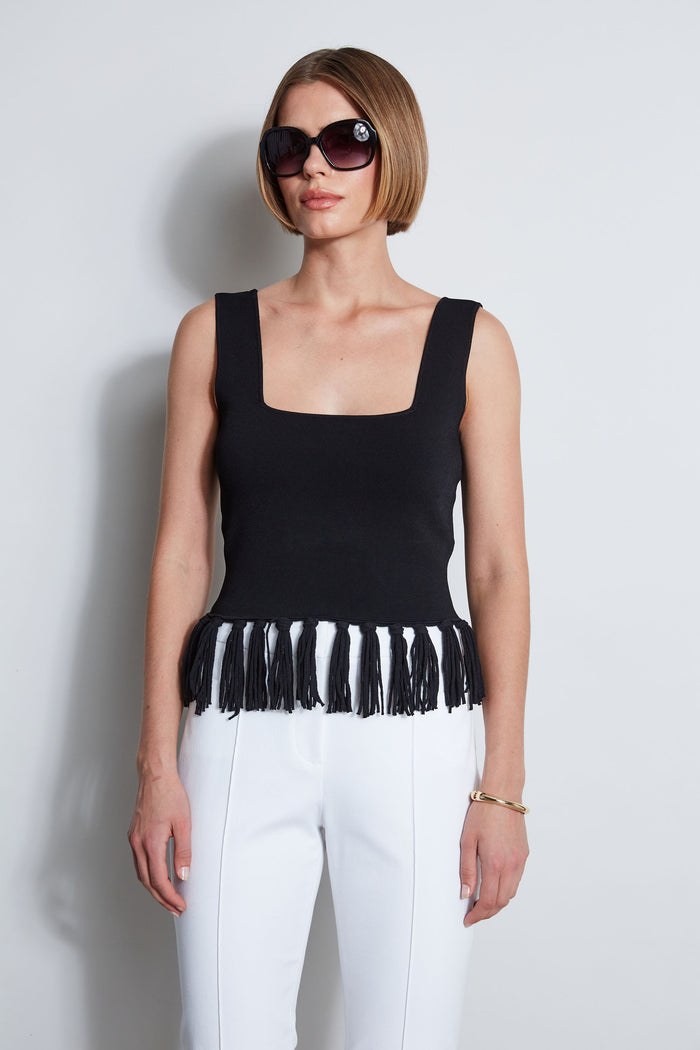 Elie Tahari Fringe Hem Knit Top NOIR