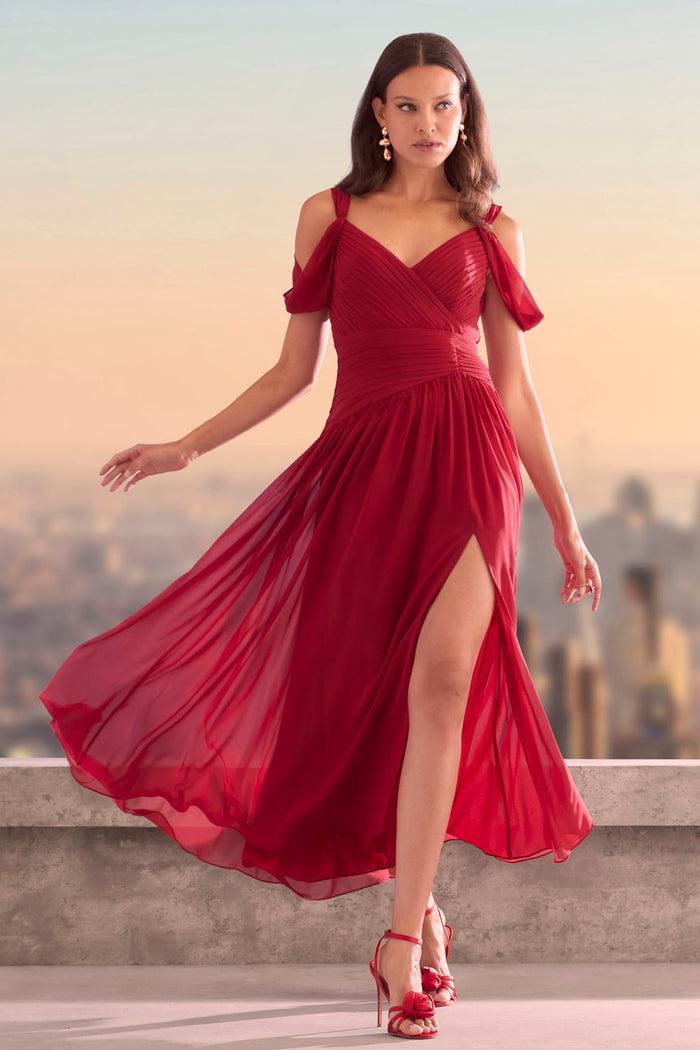 Elie Tahari Georgette Cold Shoulder Gown GARNET