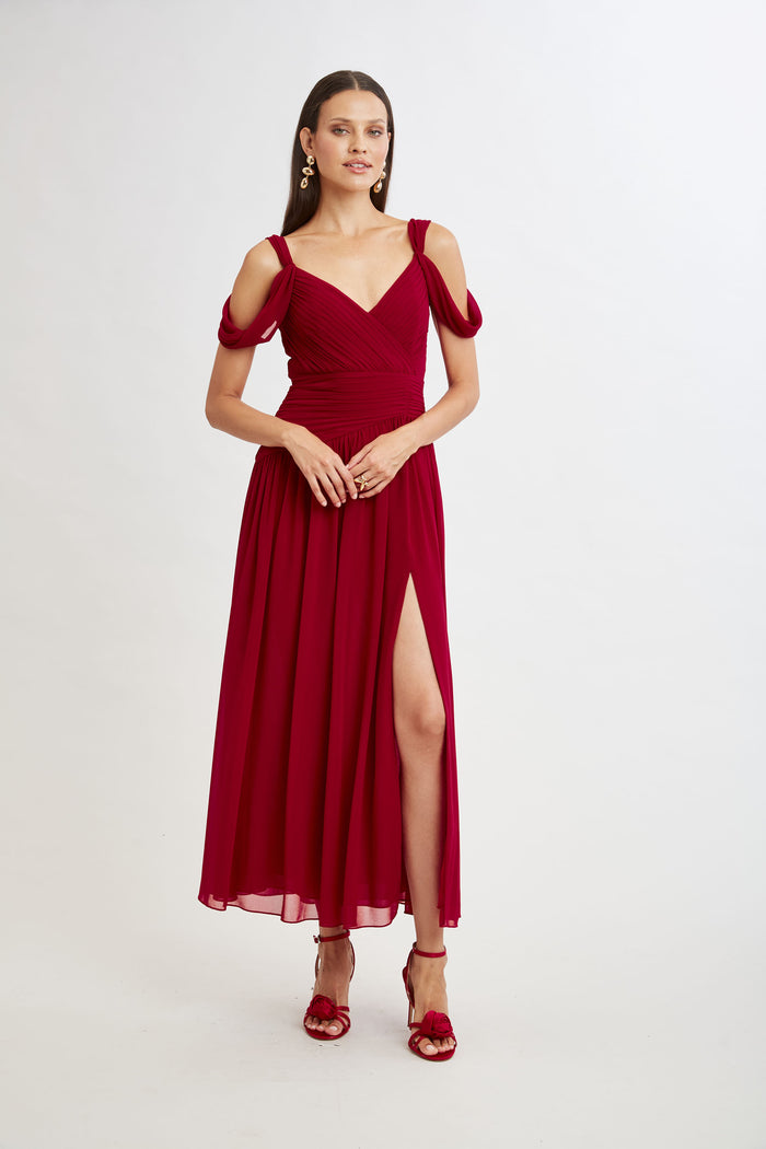 Elie Tahari Georgette Cold Shoulder Gown GARNET