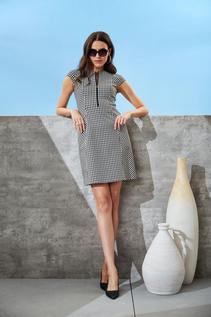 Elie Tahari Gingham Fit & Flare Dress BLACK-WHITE
