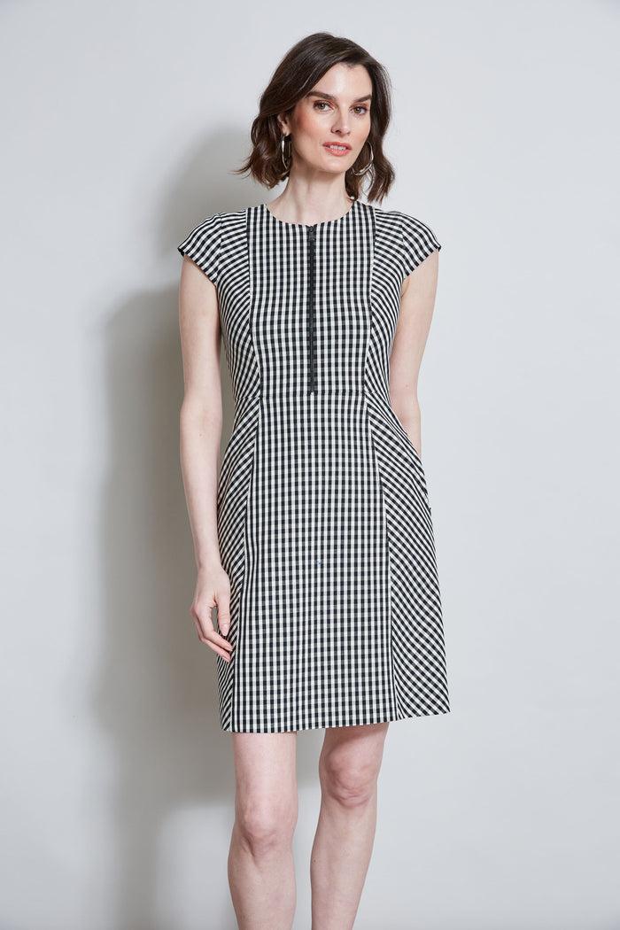 Elie Tahari Gingham Fit & Flare Dress BLACK-WHITE