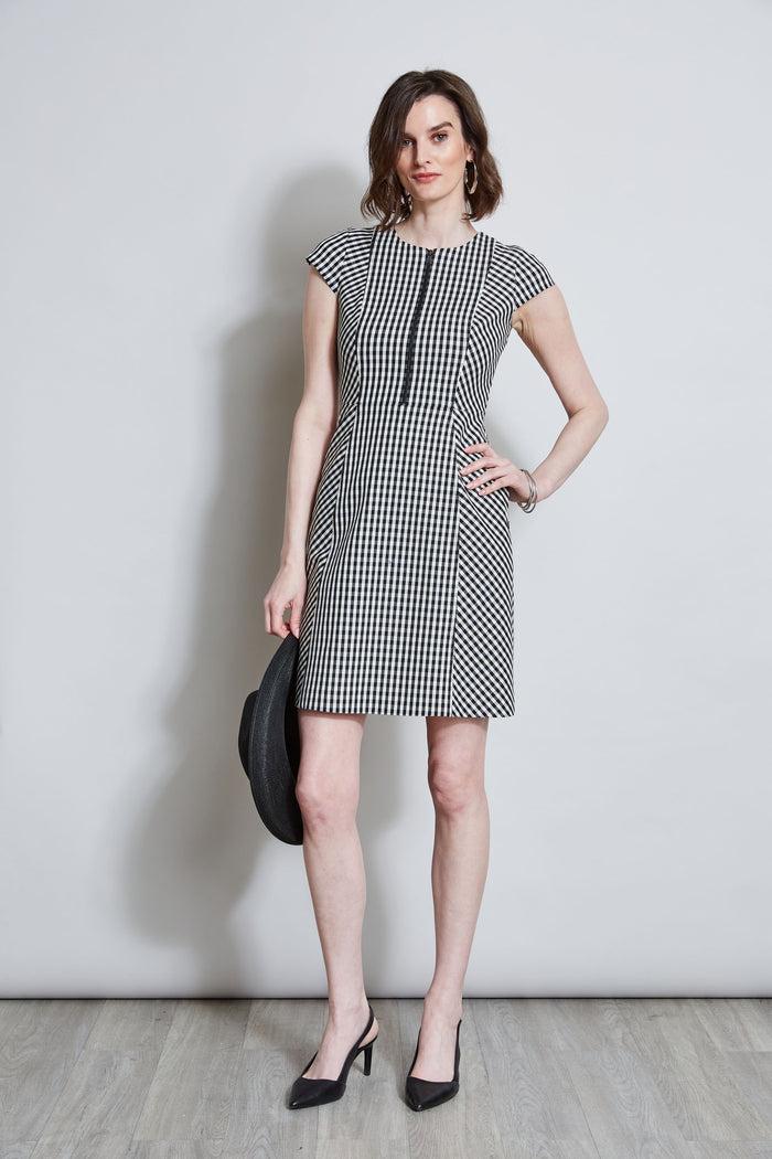 Elie Tahari Gingham Fit & Flare Dress BLACK-WHITE