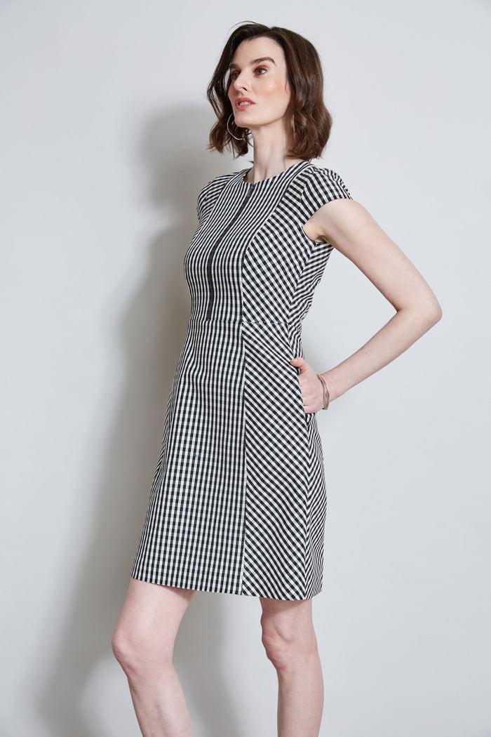 Elie Tahari Gingham Fit & Flare Dress BLACK-WHITE