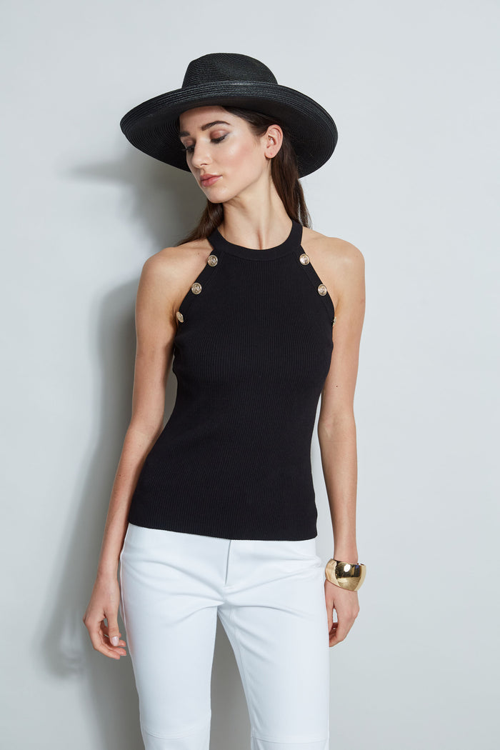 Elie Tahari Halter Button Rib Tank NOIR