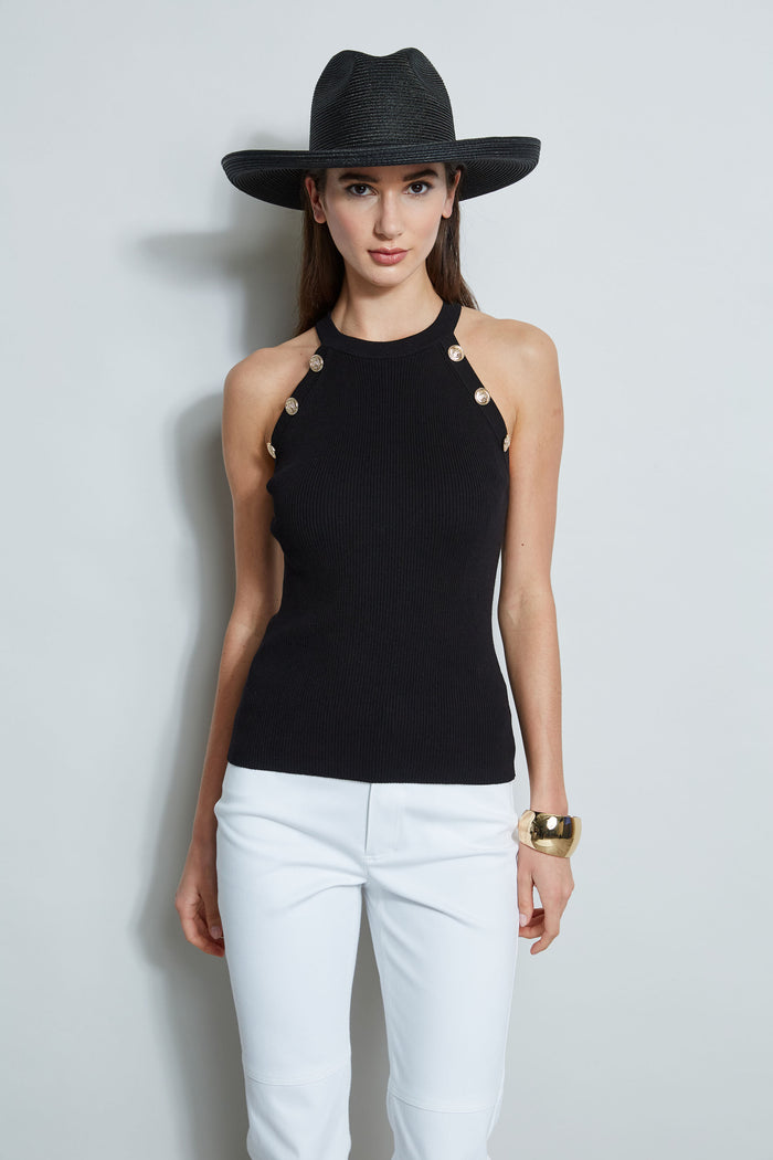 Elie Tahari Halter Button Rib Tank NOIR