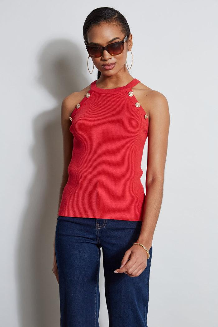 Elie Tahari Halter Button Rib Tank ROSE PARADE
