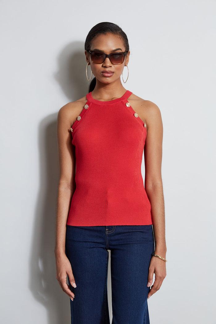Elie Tahari Halter Button Rib Tank ROSE PARADE