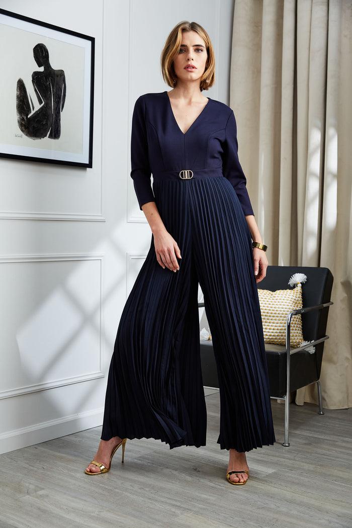 Elie Tahari Knit Bodice Pleated Jumpsuit PEACOAT