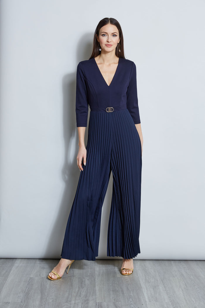Elie Tahari Knit Bodice Pleated Jumpsuit PEACOAT