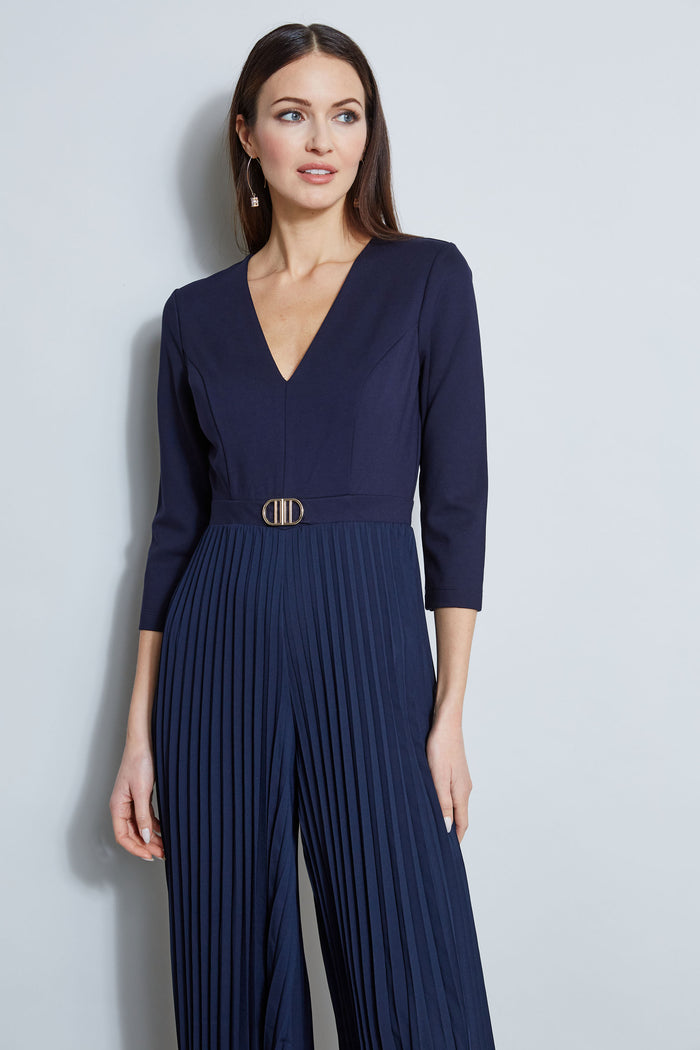 Elie Tahari Knit Bodice Pleated Jumpsuit PEACOAT