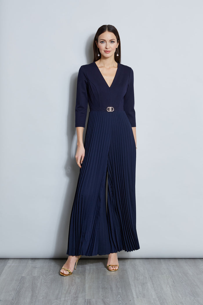 Elie Tahari Knit Bodice Pleated Jumpsuit PEACOAT