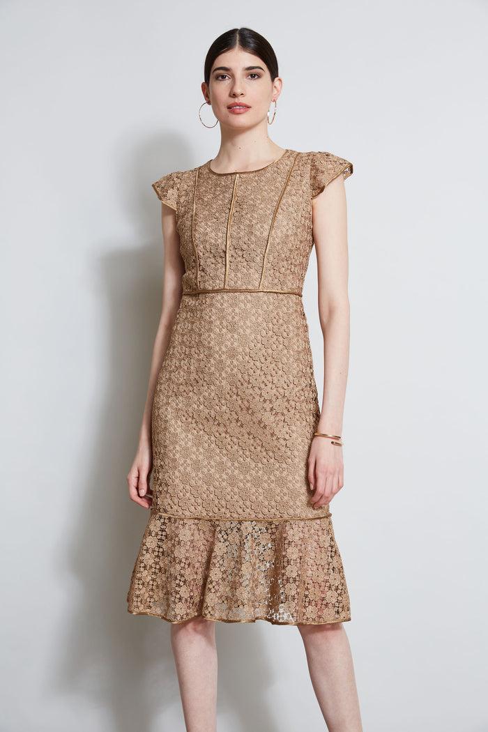 Elie Tahari Lace Flutter Sleeve Dress GOLD