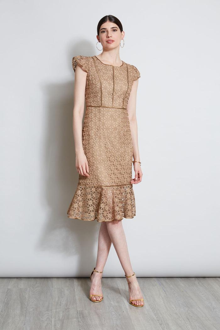 Elie Tahari Lace Flutter Sleeve Dress GOLD