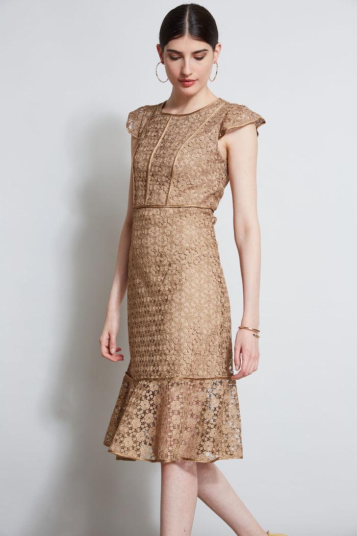 Elie Tahari Lace Flutter Sleeve Dress GOLD
