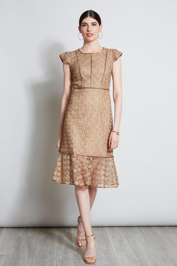Elie Tahari Lace Flutter Sleeve Dress GOLD