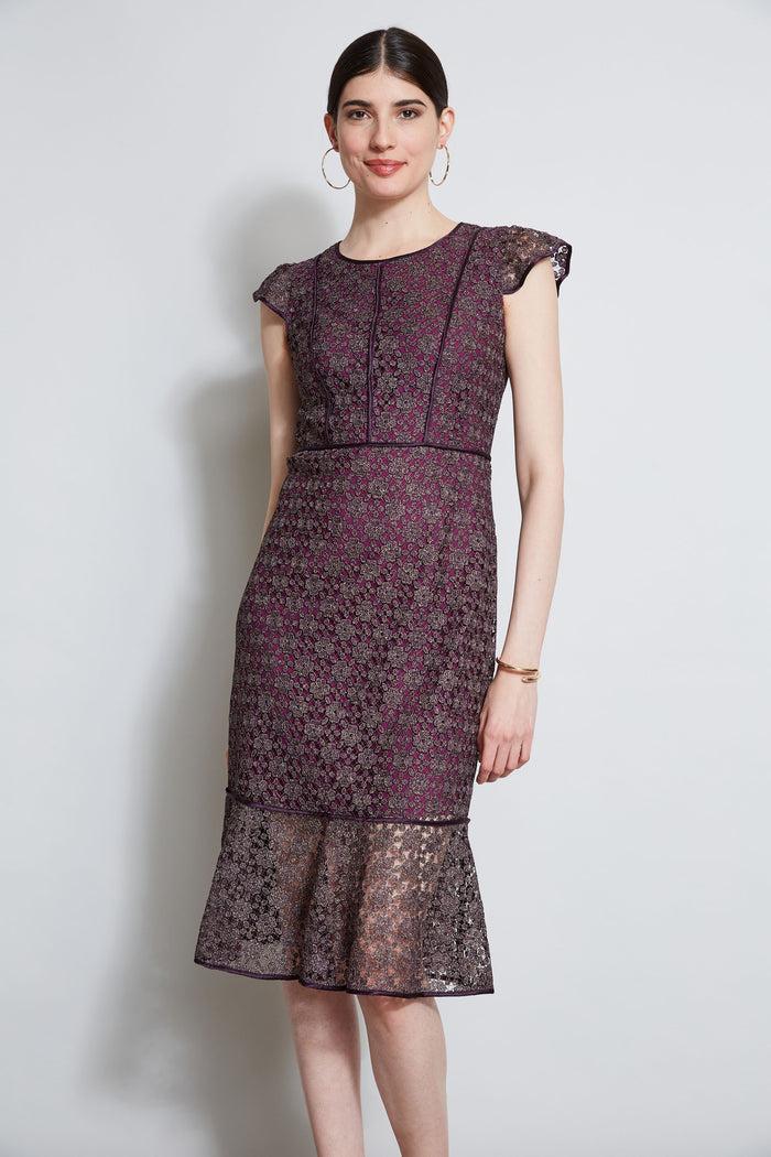 Elie Tahari Lace Flutter Sleeve Dress PLUM