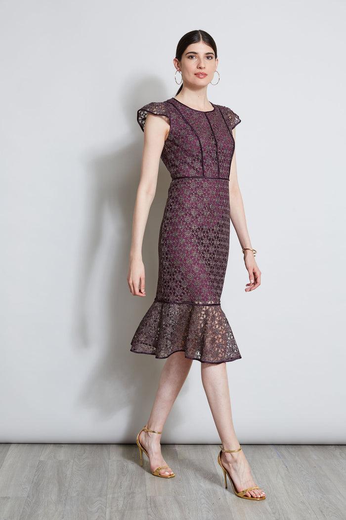 Elie Tahari Lace Flutter Sleeve Dress PLUM