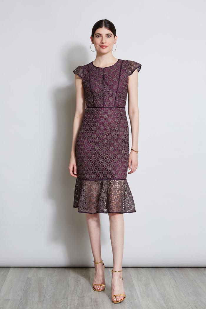 Elie Tahari Lace Flutter Sleeve Dress PLUM