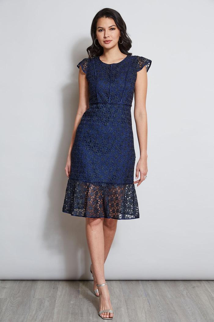 Elie Tahari Lace Flutter Sleeve Dress TWILIGHT