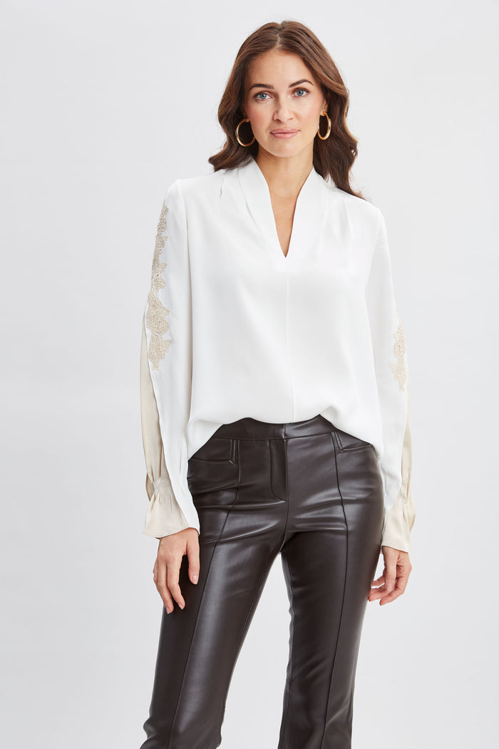 Elie Tahari Lace Sleeve Silk Shirt FRESH PEARL