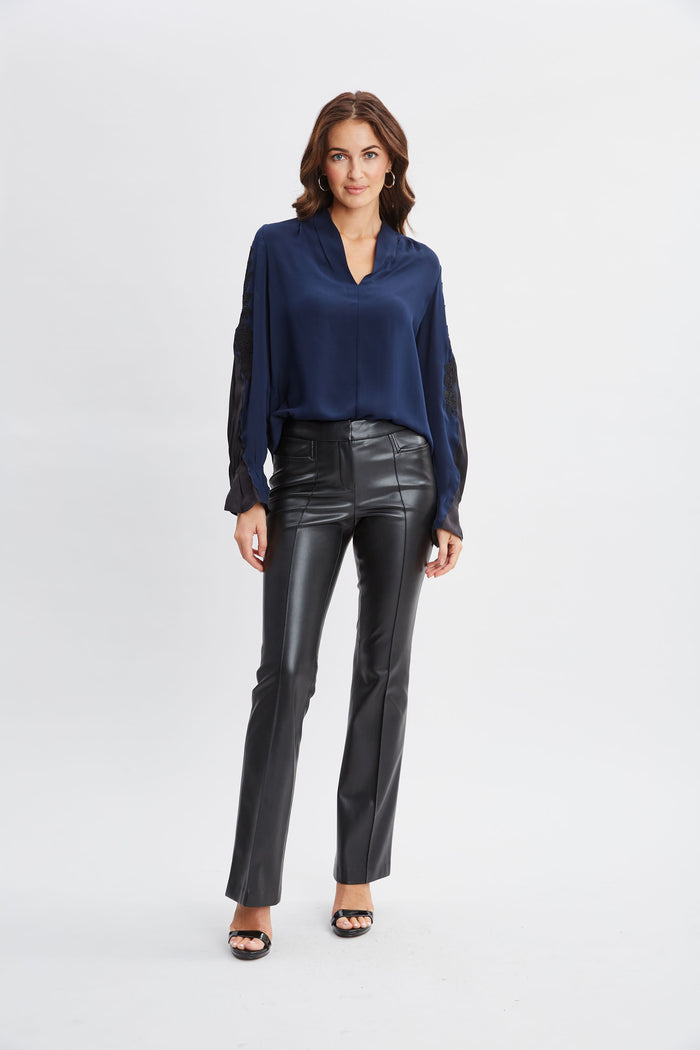 Elie Tahari Lace Sleeve Silk Shirt MIDNIGHT