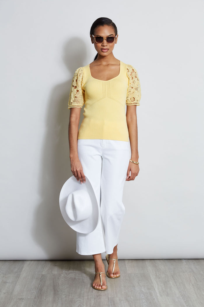 Elie Tahari Lace Sleeve Sweater CANDLE YELLOW
