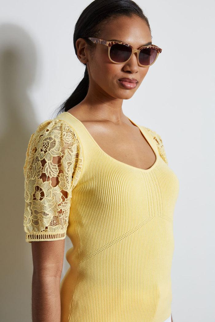 Elie Tahari Lace Sleeve Sweater CANDLE YELLOW