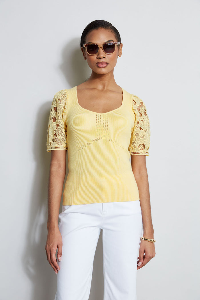 Elie Tahari Lace Sleeve Sweater CANDLE YELLOW