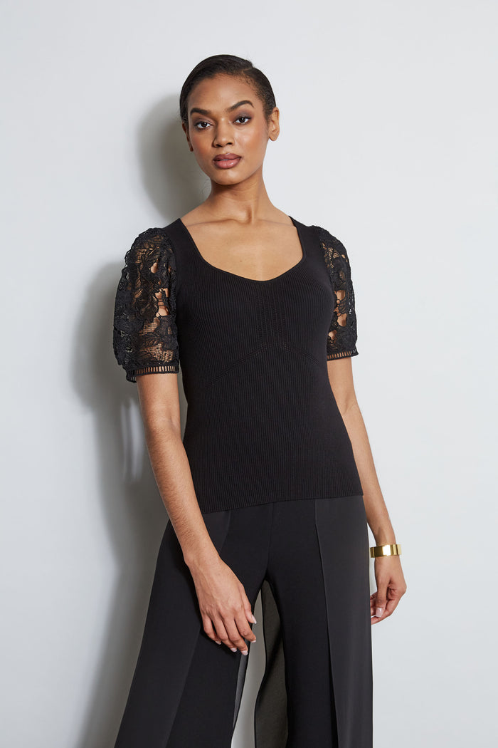 Elie Tahari Lace Sleeve Sweater NOIR