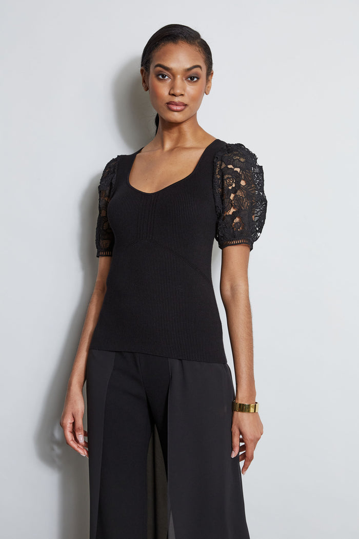 Elie Tahari Lace Sleeve Sweater NOIR