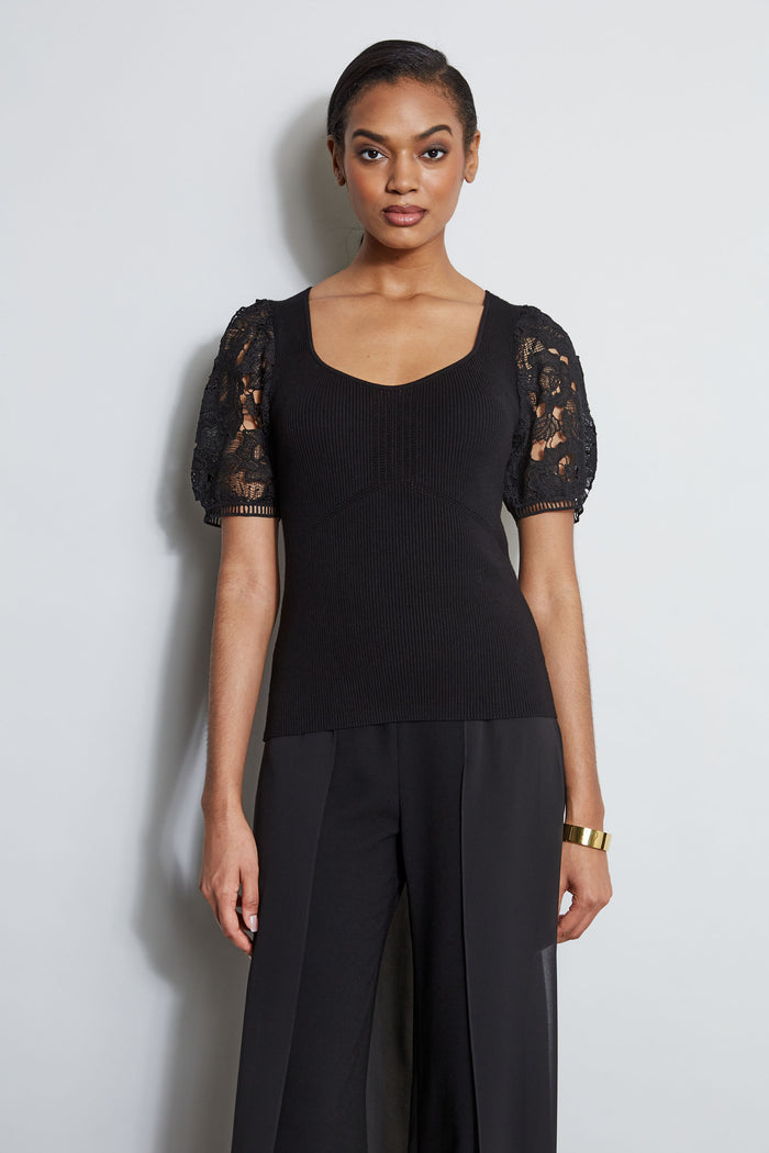 Elie Tahari Lace Sleeve Sweater NOIR