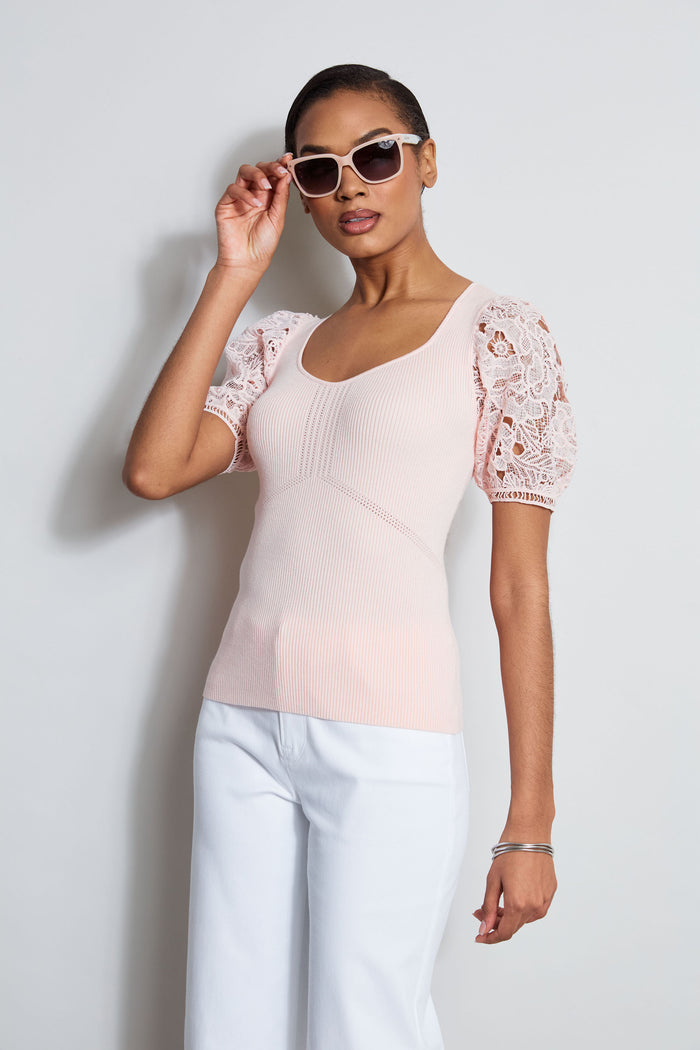 Elie Tahari Lace Sleeve Sweater PINK FIZZ