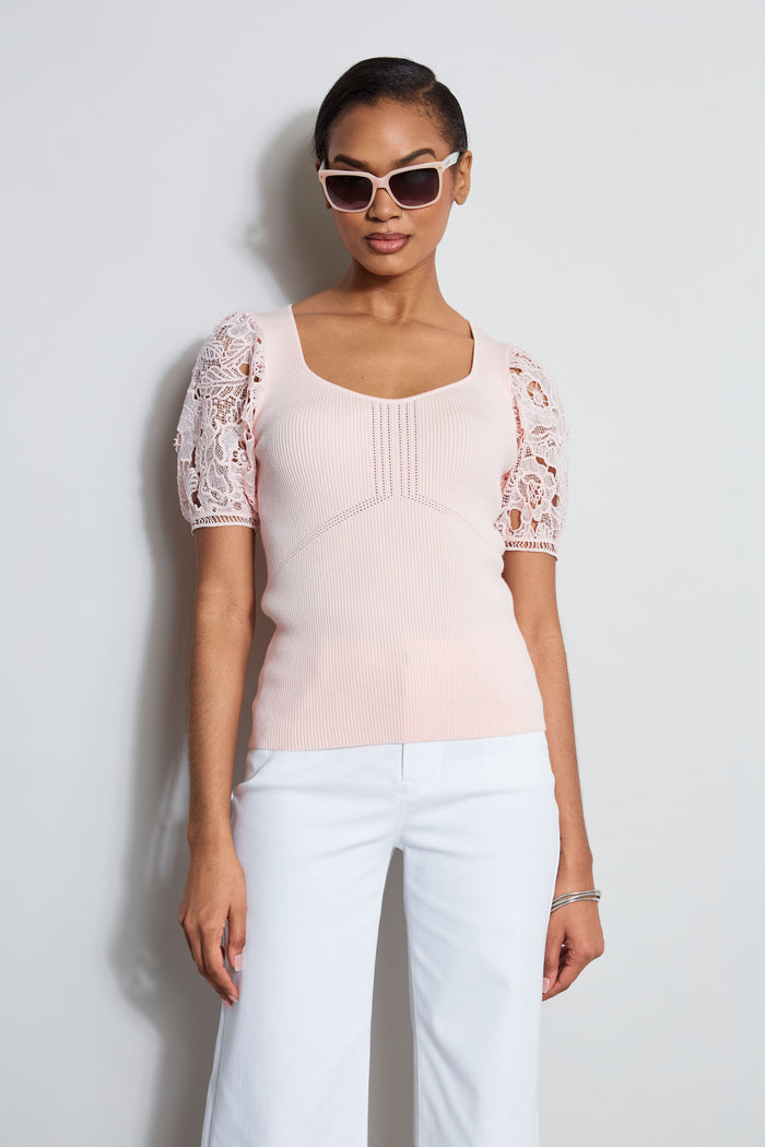 Elie Tahari Lace Sleeve Sweater PINK FIZZ