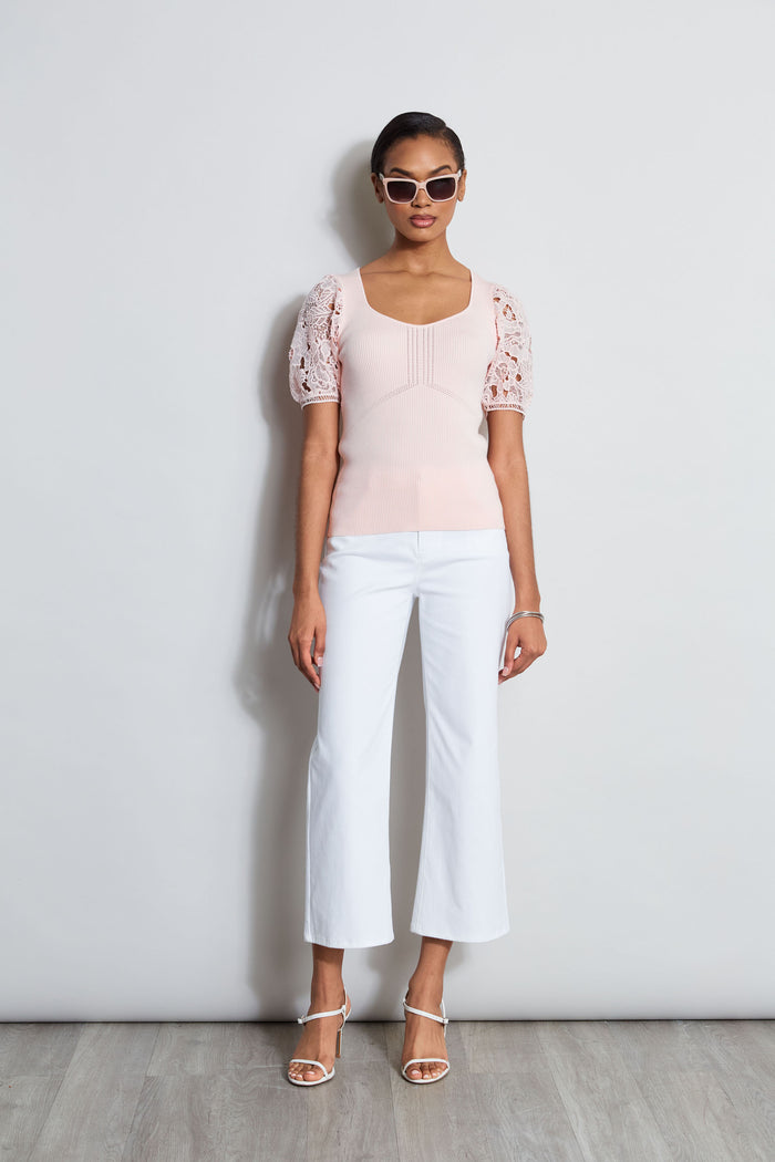 Elie Tahari Lace Sleeve Sweater PINK FIZZ