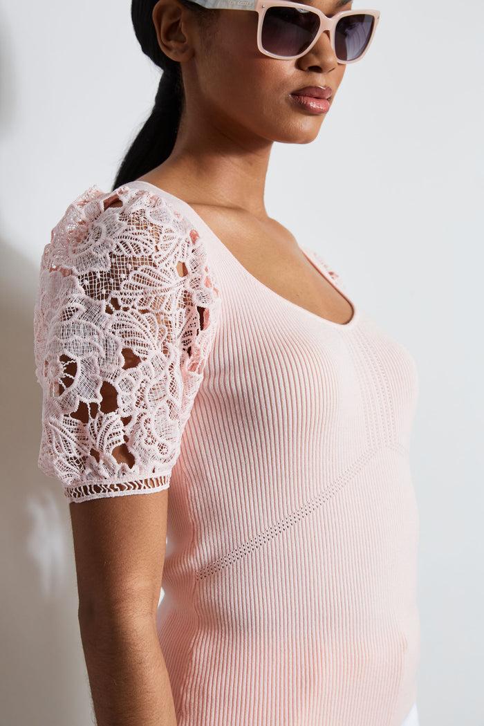 Elie Tahari Lace Sleeve Sweater PINK FIZZ
