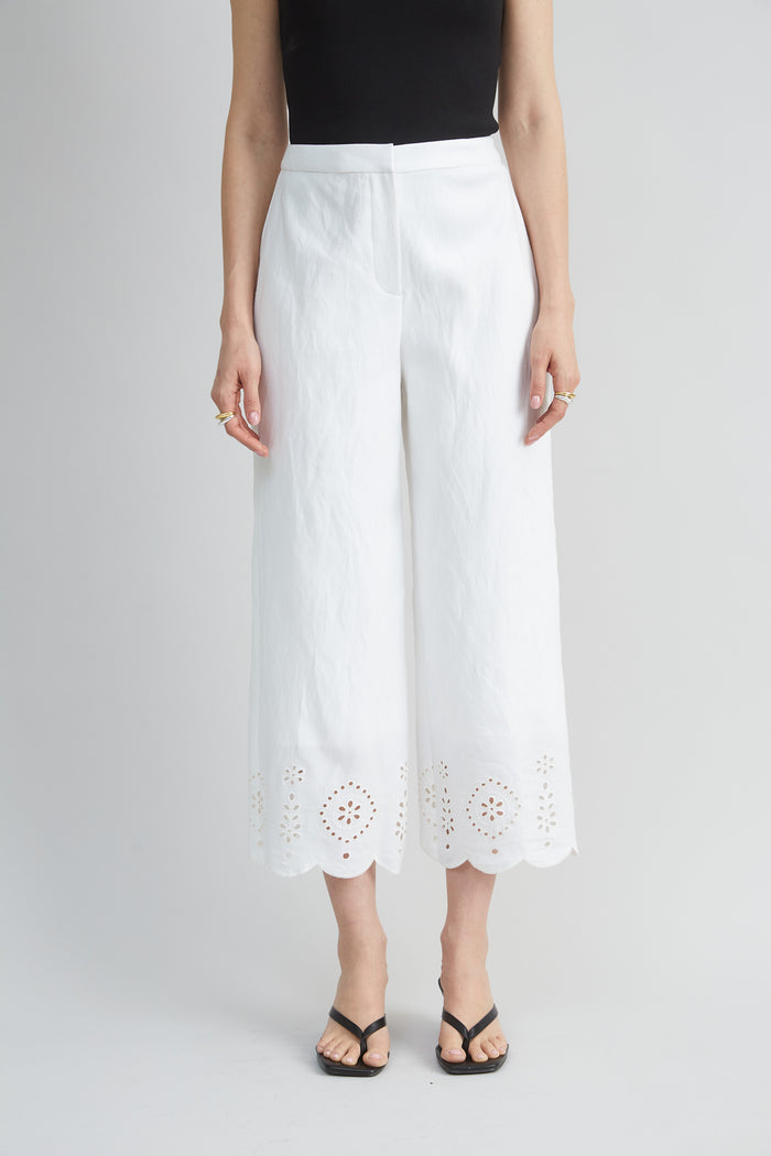 Elie Tahari Linen Scallop Hem Pant WHITE