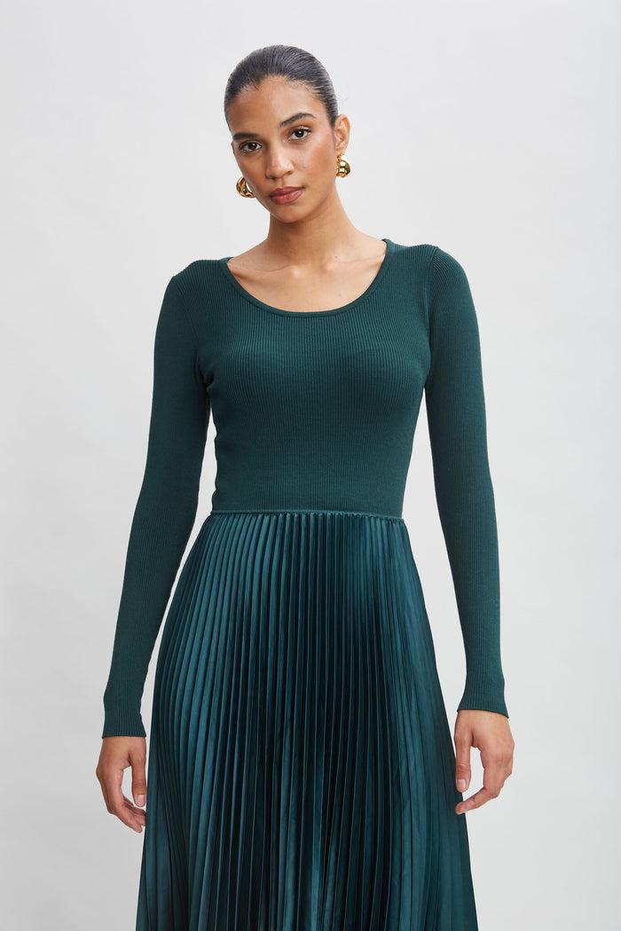 Elie Tahari Long Sleeve Knit Pleated Dress JUNIPER