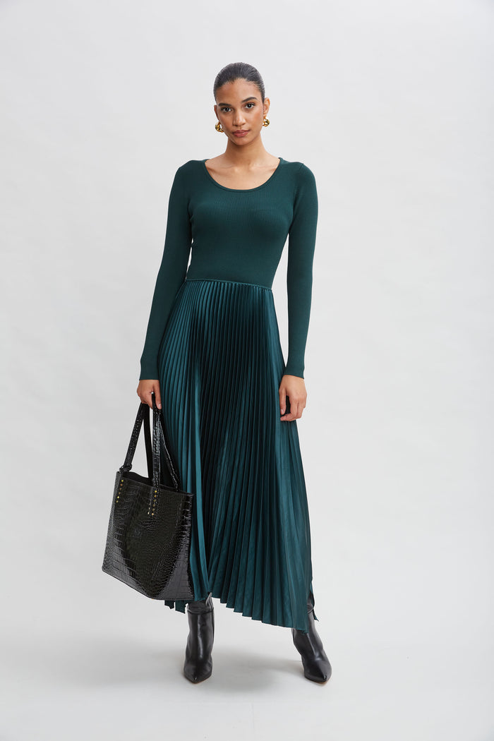 Elie Tahari Long Sleeve Knit Pleated Dress JUNIPER