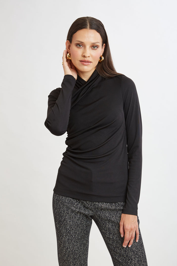 Elie Tahari Long Sleeve Ruched Draped Knit BLACK
