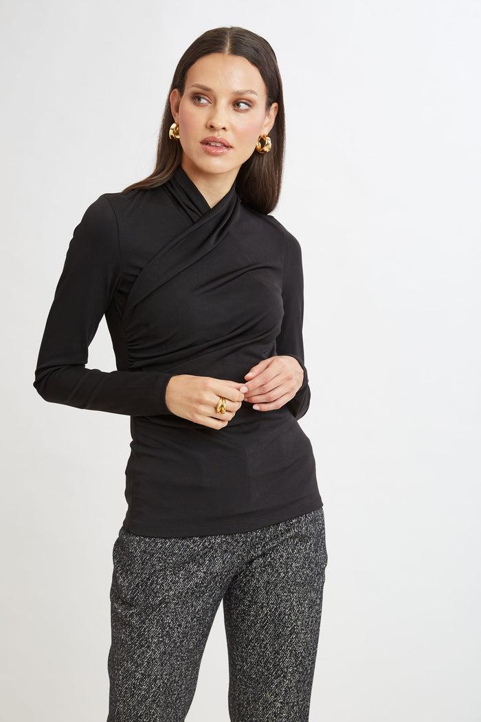 Elie Tahari Long Sleeve Ruched Draped Knit BLACK