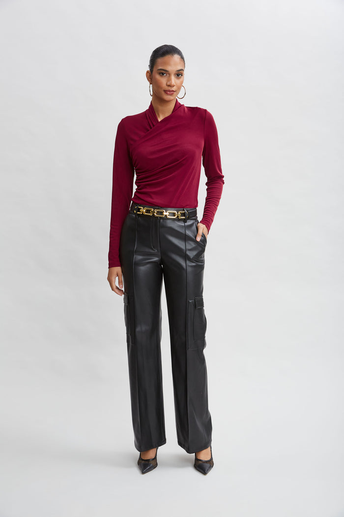Elie Tahari Long Sleeve Ruched Draped Knit SANGRIA