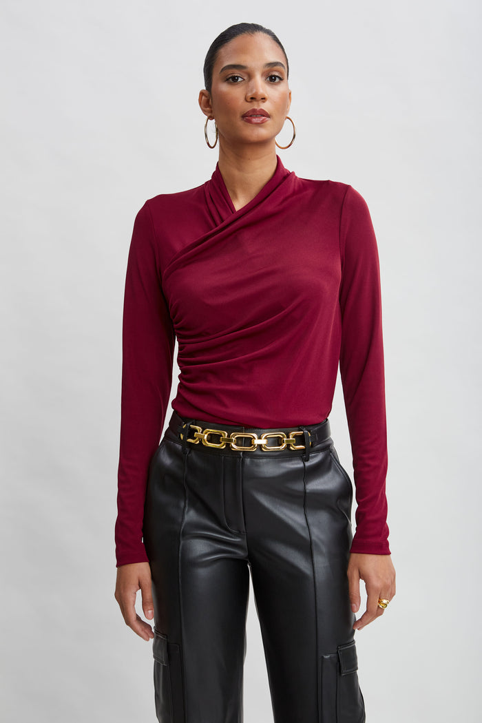 Elie Tahari Long Sleeve Ruched Draped Knit SANGRIA