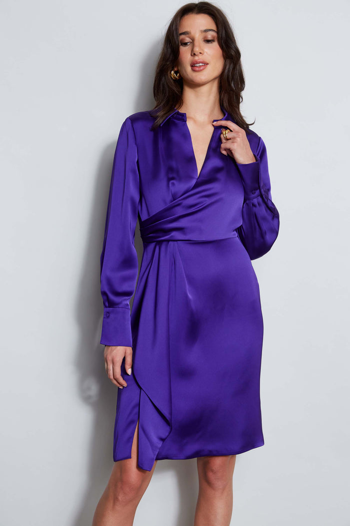 Elie Tahari Long Sleeve Satin Wrap Dress GRAPE