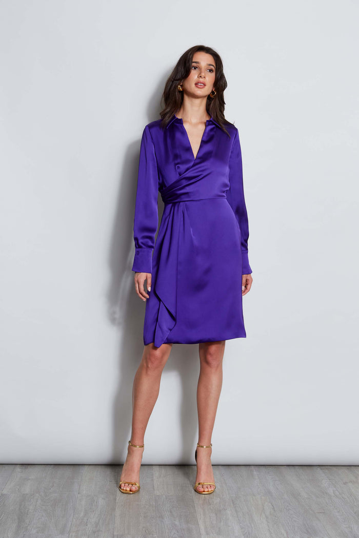 Elie Tahari Long Sleeve Satin Wrap Dress GRAPE